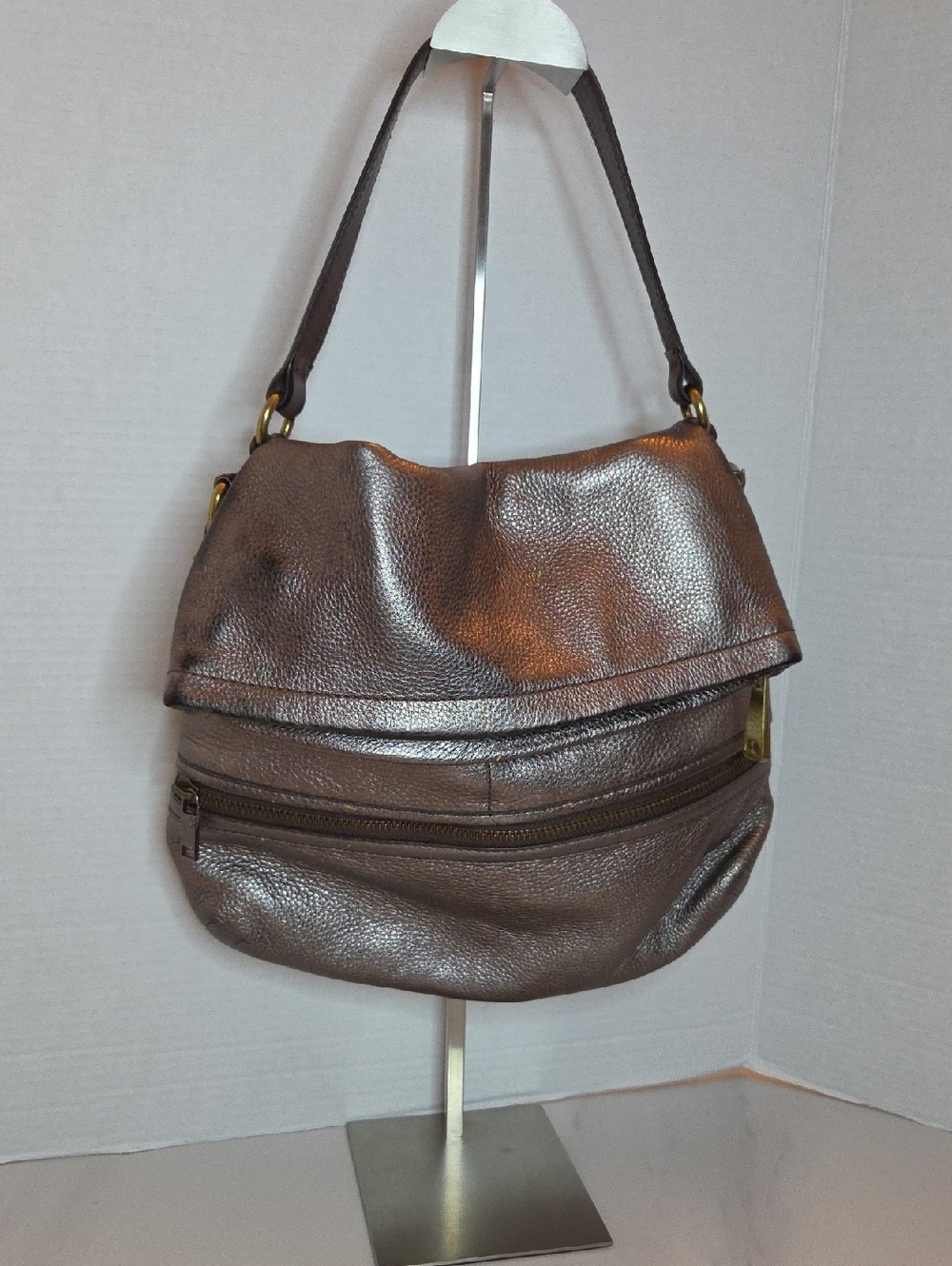 Fossil Explorer Metallic Pewter Foldover Shoulder Bag